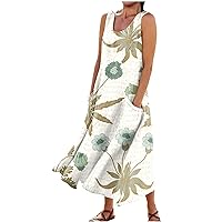 Women's Summer Plus Size Casual Maxi Linen Fashion Printed Sleeveless Round Neck Pocket Loose Dress for Women 2024