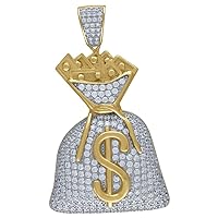 925 Sterling Silver Yellow Tone Mens CZ Cubic Zirconia Cash Money Bag With Dollar Sign Charm Pendant Necklace Jewelry for Men