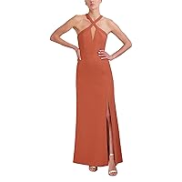 BCBGMAXAZRIA Women's Fit and Flare Floor Length Evening Dress Criss Cross Halter Neck Cut Outs Side Slit