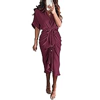 BTFBM Women 2024 Button Down Ruched Shirt Dresses Short Sleeve Lapel V Neck Elegant Party Spring Summer Maxi Satin Dress