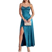 ANRABESS Women Formal Satin Spaghetti Strap Cowl Neck Bodycon Slit Prom Cocktail Maxi Dress Evening Party