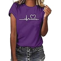 Crew Neck T-Shirt for Women Casual Graphic Tee Tops Short Sleeve Heart Print Blouses Soft Comfort Tshirt Trendy Top