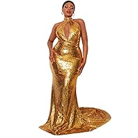 Plus Size Sequin Formal Dress for Women, Halter Neck Cut Out Backless Gold Sequin Formal Maxi Dress