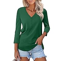 Womens Spring Fashion 2024 3/4 Length Sleeve Tops Dressy Casual Button Down V Neck Work Blouses Trendy Cute Elbow Length Flowy Tee Shirts Loose Fit Tunics Tops to Wear with Leggings(H Green,Large)