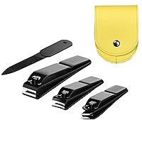 4 pieces Nail Clippers Set, Ultra Sharp Sturdy black stainless Fingernail, Toenail Clipper Cutters and a nial file with leather travel pouch (Black& yellow pouch)