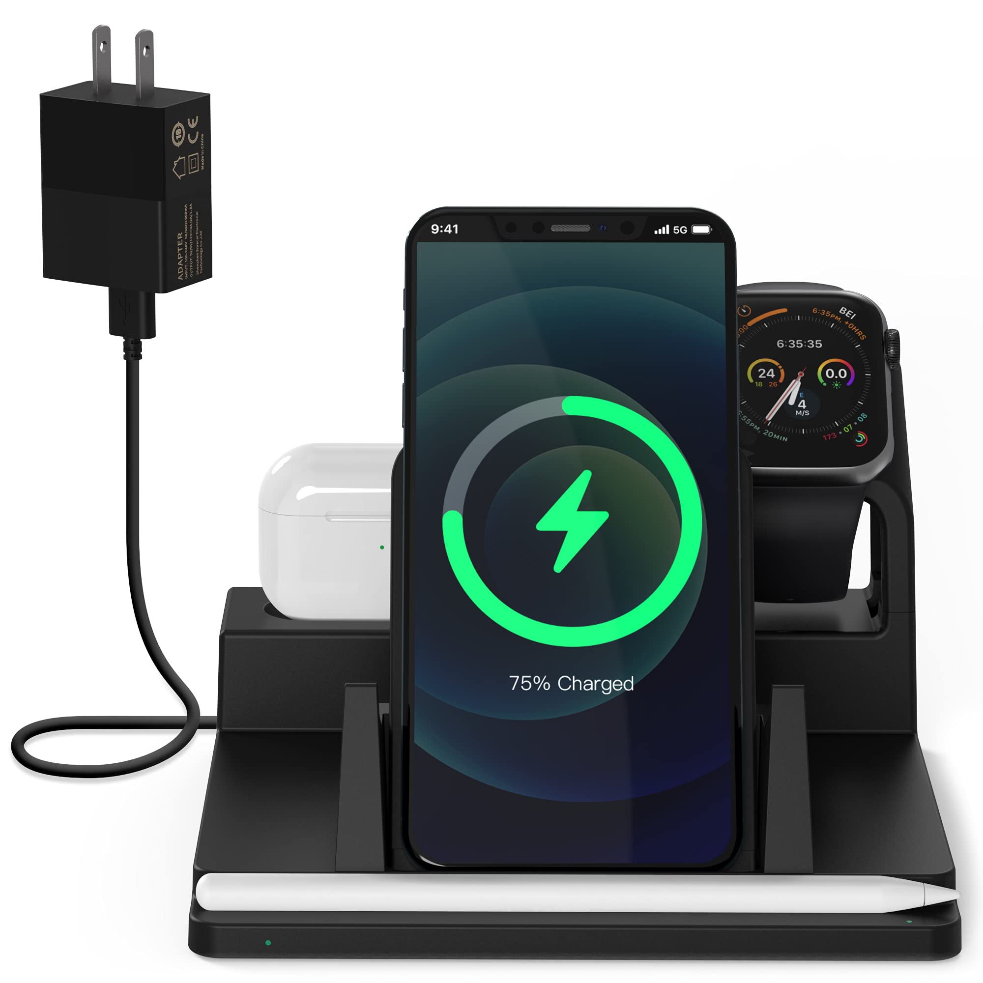Wireless Charger for Multiple Devices, 4-in-1 Qi-Certified 15W Fast Wireless Charging Station Compatible with iPhone 11/11Pro/11Pro Max/X, AirPods, Apple Pencil & Apple Watch (No Watch Charger)