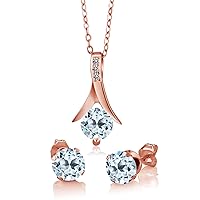 Gem Stone King 18K Rose Gold Plated Silver Sky Blue Topaz and White Diamond Jewelry Set For Women (2.75 Cttw, Gemstone Birthstone, with 18 Inch Chain), Metal Gemstone, Topaz and Diamond Topaz Diamond