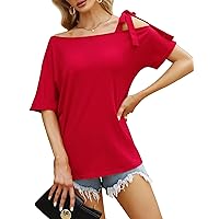 KOJOOIN Women Short Sleeve Tunic Top Cold Shoulder Bow Tie Casual T Shirt