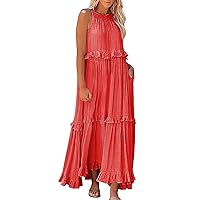XJYIOEWT Summer Maxi Dresses for Women 2024 Cotton 3/4 Sleeves,Women Summer Boho Long Solid Color Loose Sleeveless Halte