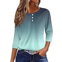 3/4 Length Sleeve Womens Tops Button Down Round Neck Tops Henley Shirts Dressy Basic Tee Blouse 2024 Summer Clothes