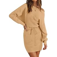 MEROKEETY Women's Off Shoulder Batwing Sleeve Sweater Dress Ribbed Knit Bodycon Mini Dresses with Belt