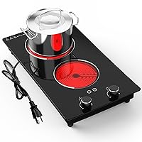 110v Electric Cooktop 2 Burners, 12'' Electric Stove Top with Plug in, GTKZW Knob Control Countertop & Built-in Ceramic Cooktop, 9 Power Levels, Child Lock, Timer, Over-Heat Protection