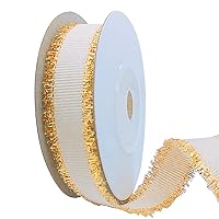 Christmas White Glitter Grosgrain Ribbon with Gold Trim,DIY Grosgrain Fringe Ribbon for Gift Crafts Wedding Party Birthday Wrap Hair Bows Floral Projects Wrapping Decorations 1.6cmx5m (1 Roll)