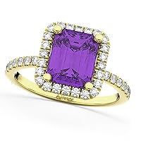 (3.32ct) 18k Yellow Gold Emerald Cut Amethyst with Diamonds Engagement Ring - Size: 11.25