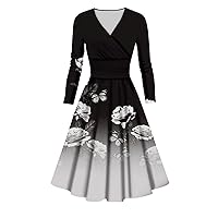 Trendy Plus Size Midi Dress for Women,Fall Winter Long Sleeve Ruched Flowy Elegant Formal Floral Cute A Line Dress