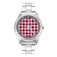 Pink Red Diamond Chessboard Fashion Wrist Watch Arabic Numerals Stainless Steel Quartz Watch Easy to Read