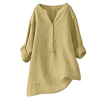 Womens Long Sleeve Crinkle Gauze Linen Shirts Flowy 3/4 Sleeve Henley Plus Size Dresses Loose Fit Cute Clothing Solid