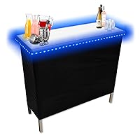 PARTYPONG Folding Portable Party Bar w/Patended LED Lights, Black & Hawaiian Bar Skirts, Storage Shelf, & Carrying Case