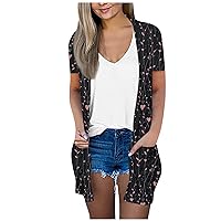 Womens Casual Lightweight Cardigans With Pockets 3/4 Sleeve Open Front Dusters Floral Print Outerwear Tops