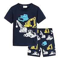 Queny New Children's T-Shirt Suits,Spring and Summer Boys' Cartoon Construction Vehicle Printed Two-Piece Suits.