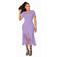 Womens Sexy Short Sleeve Backless Solid Color Tassel Stretch Dress Nightclub Clubwear Dress