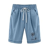 Women's Summer Casual Shorts Trendy Dandelion Print Drawstring Elastic Waist Pockets Comfy Cotton Linen Bermuda Shorts