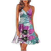 Plus Size Dresses for Women Casual, 2024 V Neck Floral Print Spaghetti Strap Summer Casual Swing Sundress Black Mini Long Sleeve Smocked Midi Dress Night Out Dress Midi Bodycon (XXL, Purple)