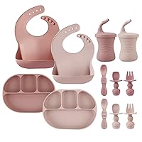 PandaEar 12PCS Silicone Baby Feeding Set | 2 Sectioned Baby Suction Plate, 2 Baby Bibs, 2 Toddler Cup, 4 Baby Spoons & 2 Baby Forks | Baby Led Weaning Supplies