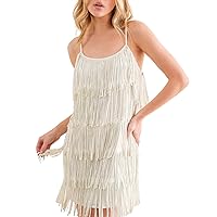 Womens Glitter Rhinestone Fringe Mini Dress Western Spaghetti Strap Tiered Tassel Cami Short Dress