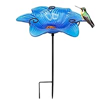 Glass Birdbath, Garden Outdoor Bird FeederFlower Shaped with Metal Stake Yard Patio Backyard Decor Blue