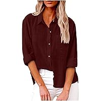 Long Sleeve Button Down Shirts for Women Dressy Casual Summer Cotton Linen Tops Lapel V Neck Work Blouses with Pockets