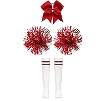 Kids Girls Cheerleading Performance Set Bowknot Headwear Knee High Stockings and 2Pcs Pom Poms Fancy Dance Outfits