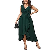 Women Plus Size Maxi Dress 2024 Sleeveless Wrap V Neck Belted High Low Split Long Dress