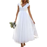 Lorderqueen Women's Cap Sleeves Bridal Dress Tea Length Lace Wedding Dress for Bride
