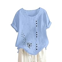 Short Sleeve Shirts for Women Linen Tops Button Cotton Round Neck Vintage and Hemp Solid T-Shirt Top