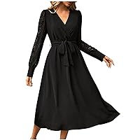 Fall Dresses for Women Fashion Hollow Out Crochet Lace Puff Long Sleeve V Neck A Line Swing Midi Dress with Belt Casual Dress