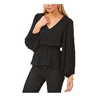 Vince Camuto Womens Black Textured Smocked Sheer Lined Flounce Hem Blouson Sleeve V Neck Wear to Work Peplum Top XXS