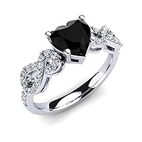 1.25 Ct Round & Heart Cut Black & Sim Diamond Engagement Ring 14K White Gold Plated