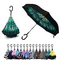 Parquet Peacock Double Layer Inverted Umbrellas - C Shaped Handle Reverse Folding Windproof Umbrella for Men and Women