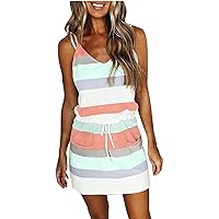 TWGONE Summer Dresses for Women 2023 Casual Striped Spaghetti Strap Mini Sundress American Flag Dress with Pockets