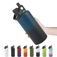 Stainless Steel Insulated Water Bottle, 32oz Double Wall Vacuum Insulated Water Bottle Leak Proof with Silicone Straw, Wide Mouth Lid, BPA Free, Keep Cold and Hot, 32oz, Blue Gradient