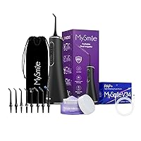MySmile Black LP211 Cordless Advanced Water Flosser and Teeth Whitening Toothpaste Powder, 5 Cleaning Modes Rechargeable Power Dental Flosser 8 Replacement Jet Tips