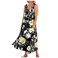 Linen Dress for Women 2024 Summer Casual Tank Dress Flowy Sleeveless Long Dress Printed Maxi Dresses with Pockets