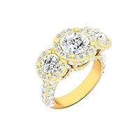 REAL-GEMS Bridal Anniversary Ring Yellow Gold 14k 4. CARAT Round Shape Trilogy Diamond G VS1 Lab Created Sizable