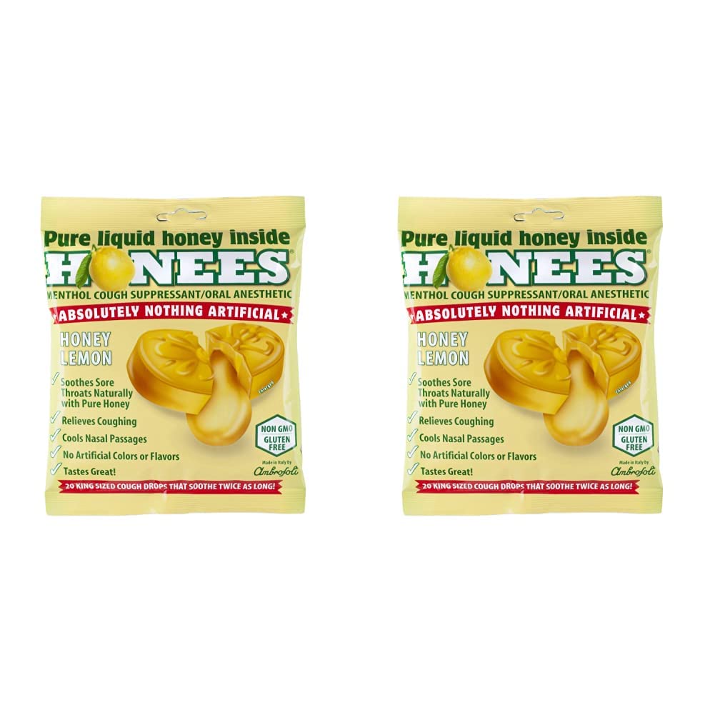 Honees Honey Lemon Cough Drops - 20-Piece, Single Pack Honey-Filled Lozenges | Temporary Relief from Cough | Soothes Sore Throat | All Natural (Pack of 2)