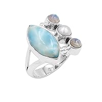Natural Larimar Pearl Moonstone Solid 925 Sterling Silver Designer Ring Jewelry for Women Girls