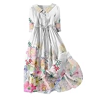 Swing Dress Women's Casual Art Floral Print Button Midi Long Sleeve Loose Dress Fashion Dresses