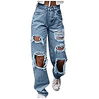 Womens Jeans,Women's Pants,Women's Fashion High Waist with Pockets Thin Wide Leg Casual Jeans