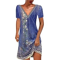 V-Neck Dresses for Women, Women Vintage Printed Shirt Dress Loose Short Sleeve Midi Dress Casual Beach Sundresses