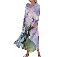 Spring Dresses for Women 2024 Printed 3/4 Sleeve Dress with Pocket Trendy Vacation Dresses Swing Casual Beach Dress